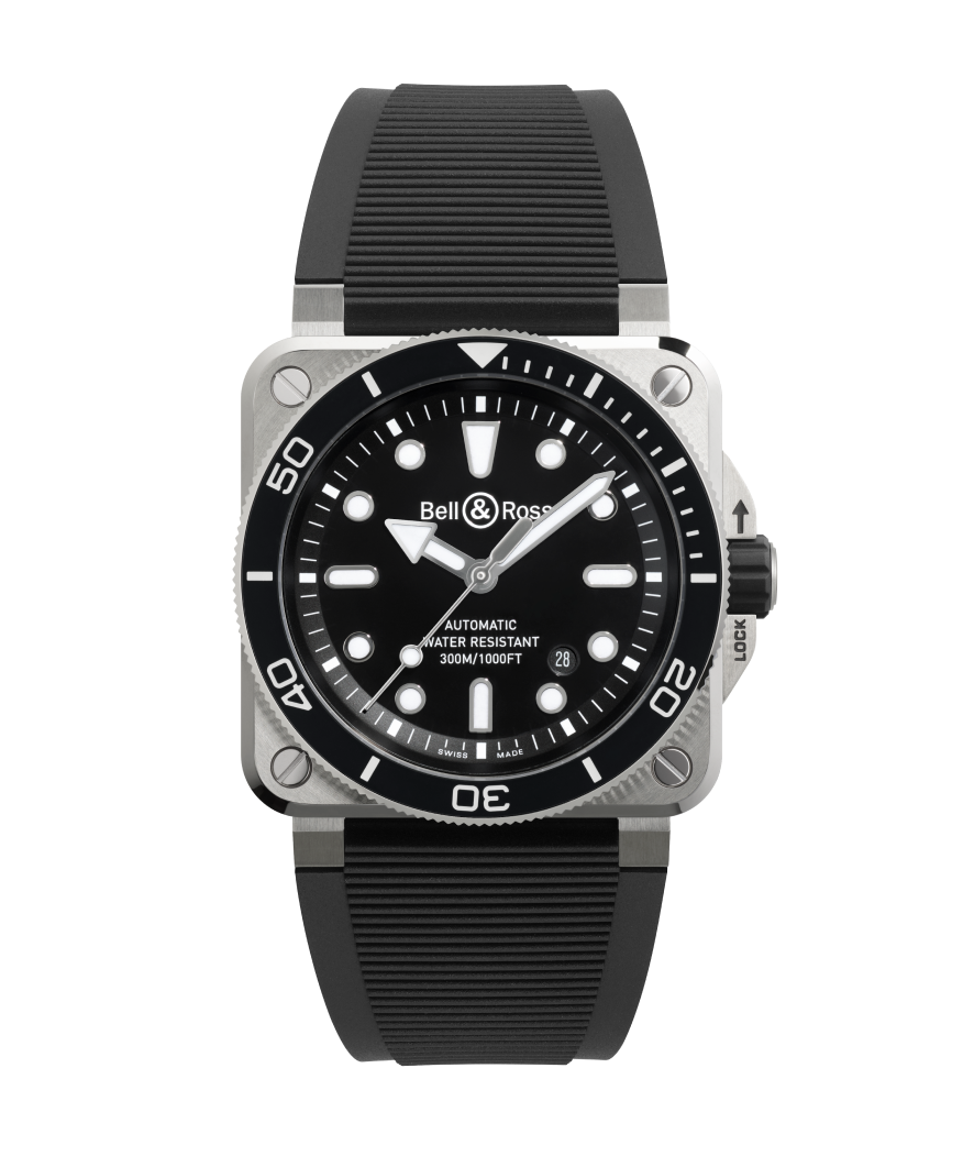 Bell & Ross BR-03 Diver Black Steel with a black dial, ceramic bezel insert, and rubber strap