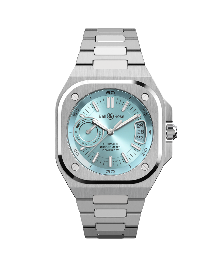 Bell & Ross BR-X5 Ice Blue Steel with a date display, power-reserve indicator, and steel bracelet